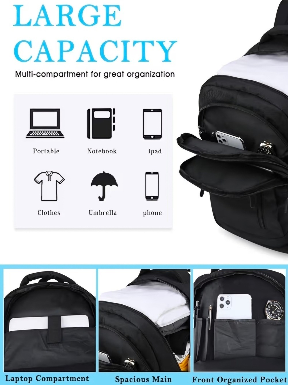 Waterproof Laptop Backpack USB Charging Port Travel School Bag Black - Picture 2 of 3